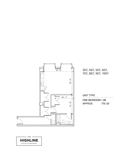 Floor plan for 1 bed, 1 bath, 770 sqft
